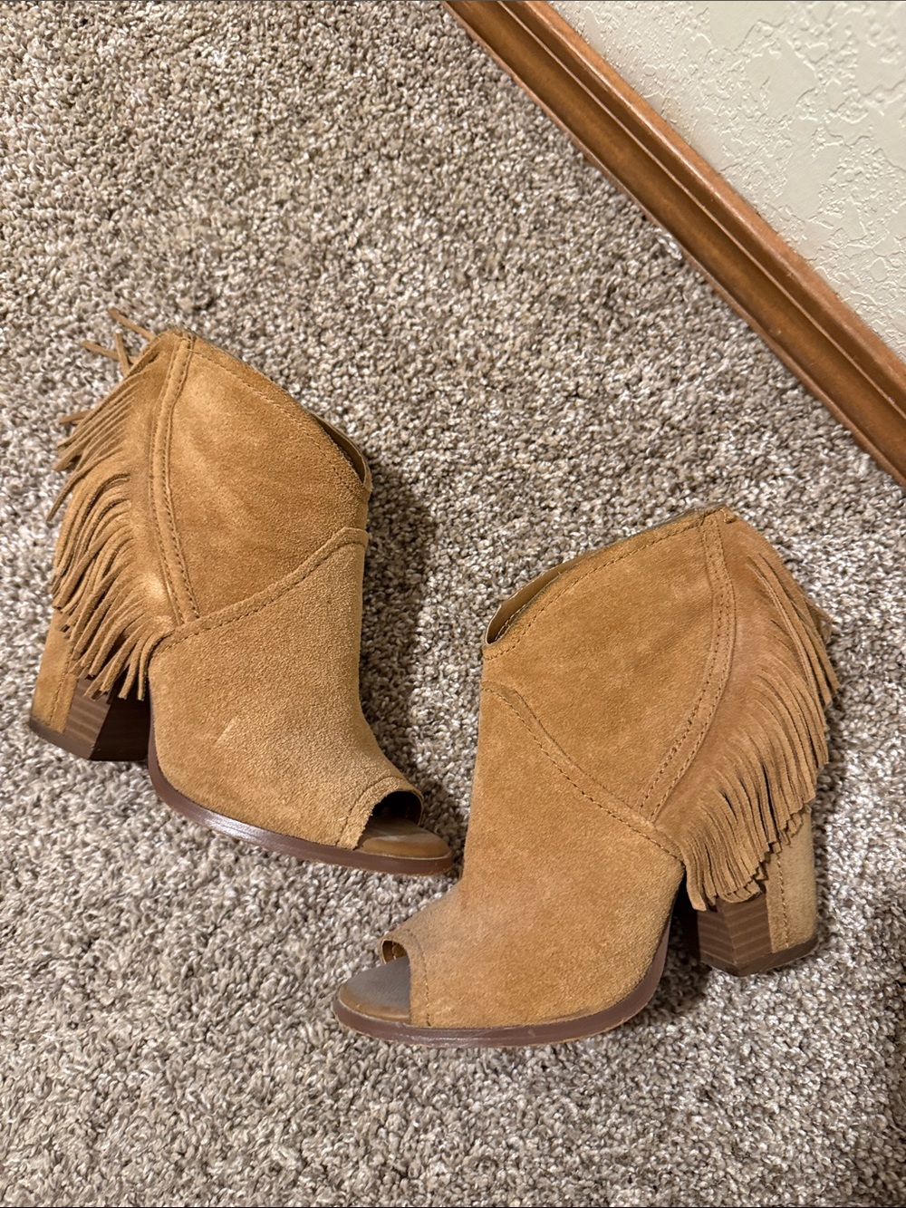 Gianni Bini Tan Suede Fringe Peep-Toe Ankle Booties
